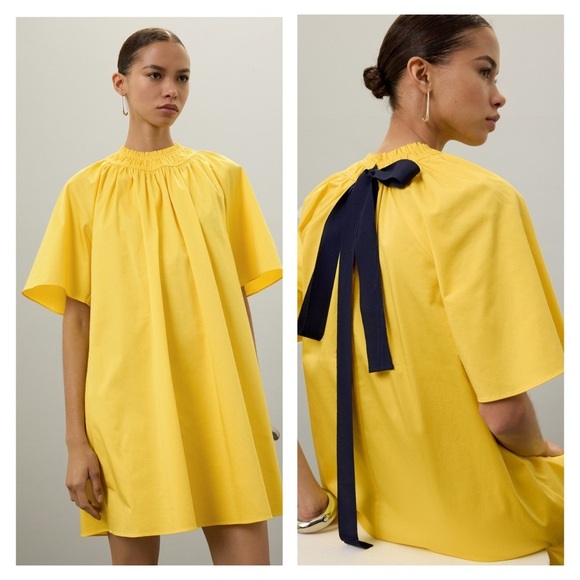 ROKSANDA yellow dress size medium mini bow cotton casual short sleeve spring - Picture 2 of 16